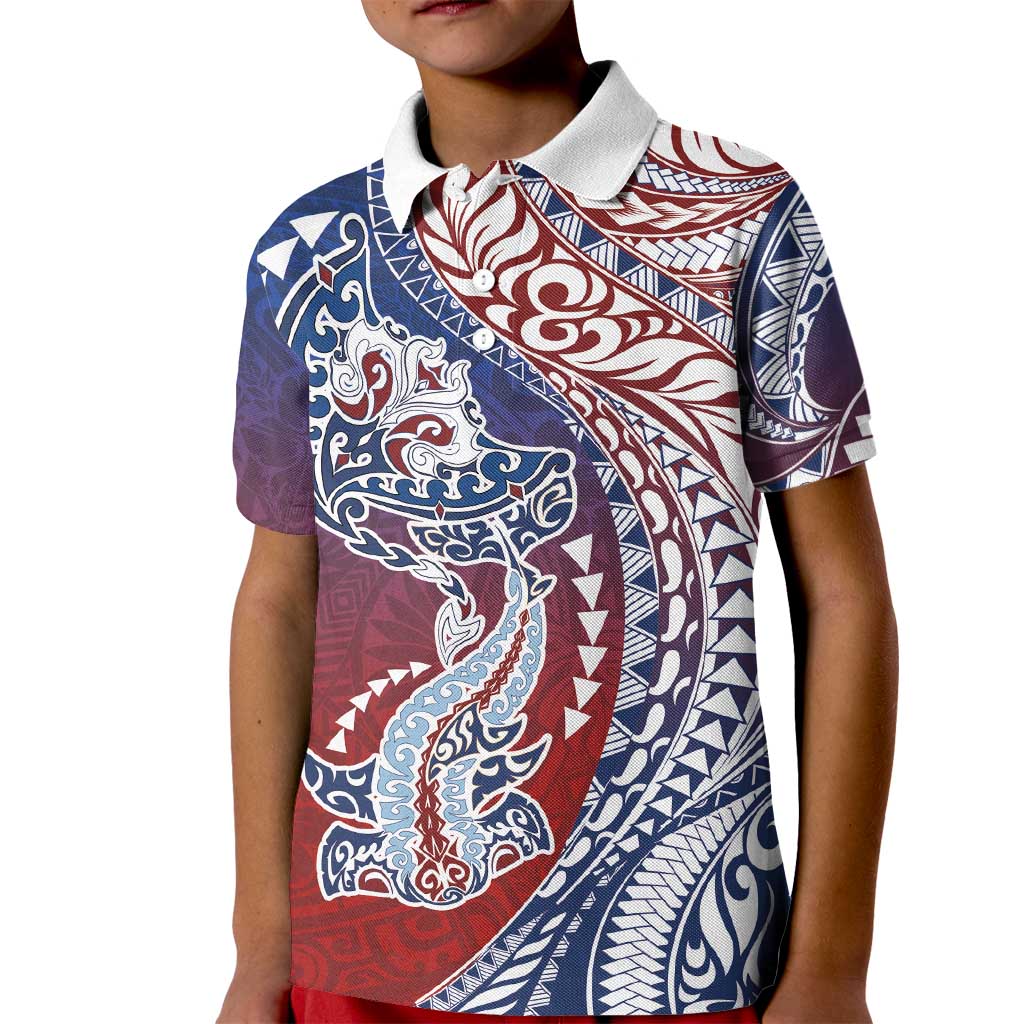 Hawaiian Manta Ray and Hammerhead Shark Tribal Tattoo Kid Polo Shirt with Polynesian Tribal Pattern Hawaii Flag Color LT03 Kid Multicolor - Polynesian Pride