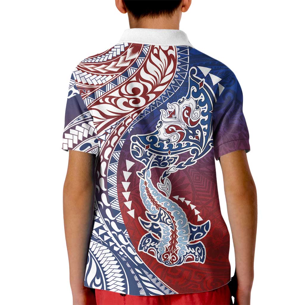Hawaiian Manta Ray and Hammerhead Shark Tribal Tattoo Kid Polo Shirt with Polynesian Tribal Pattern Hawaii Flag Color LT03 - Polynesian Pride