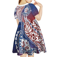 Hawaiian Manta Ray and Hammerhead Shark Tribal Tattoo Kid Short Sleeve Dress with Polynesian Tribal Pattern Hawaii Flag Color LT03 - Polynesian Pride