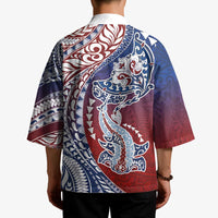 Hawaiian Manta Ray and Hammerhead Shark Tribal Tattoo Kimono with Polynesian Tribal Pattern Hawaii Flag Color
