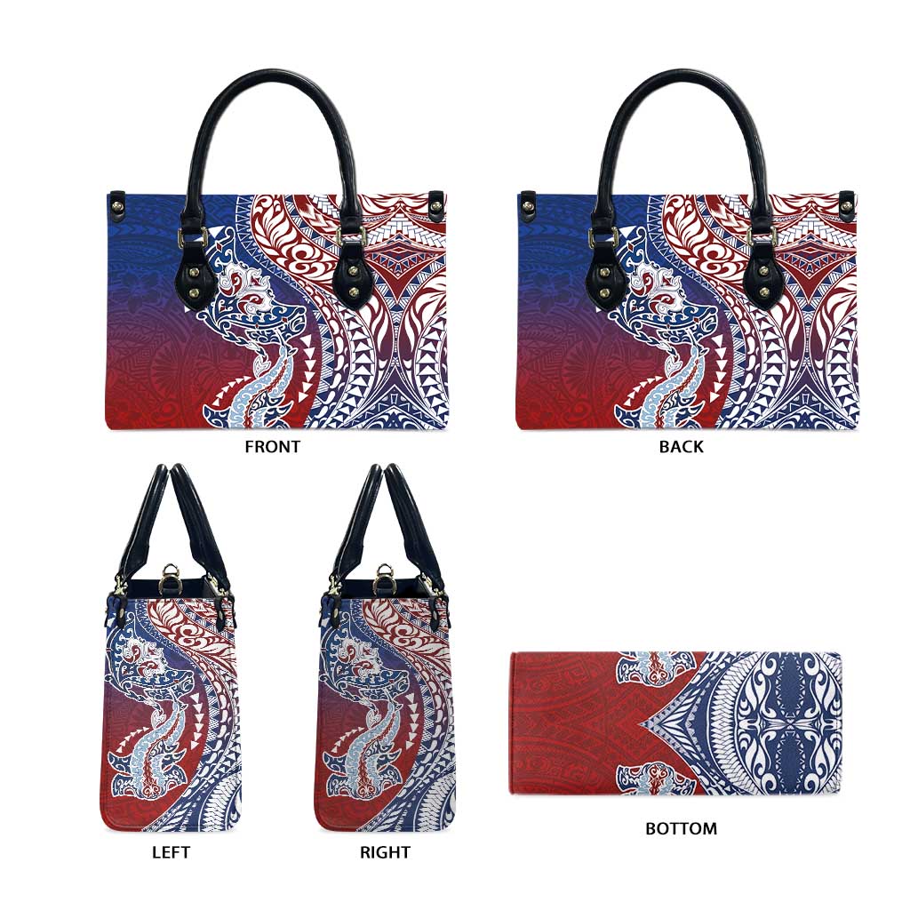 Hawaiian Manta Ray and Hammerhead Shark Tribal Tattoo Leather Bag with Polynesian Tribal Pattern Hawaii Flag Color