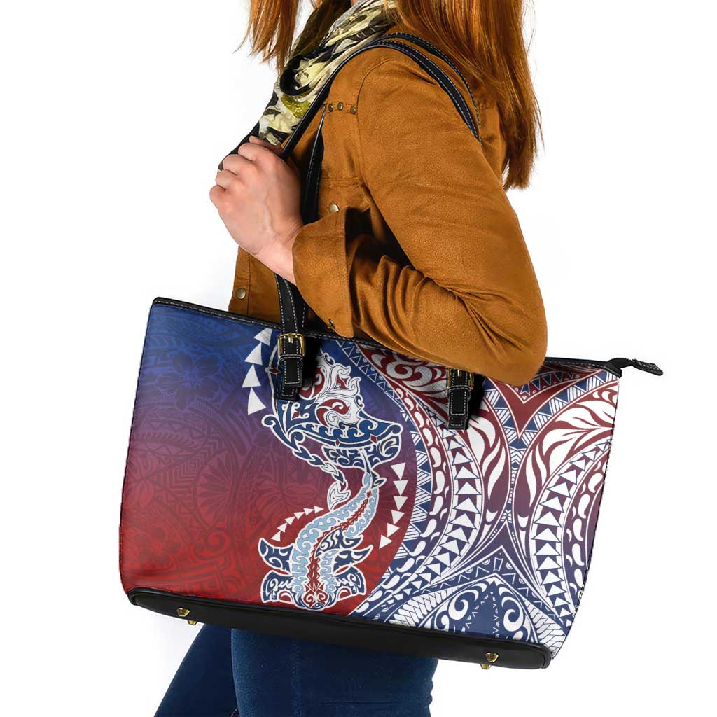 Hawaiian Manta Ray and Hammerhead Shark Tribal Tattoo Leather Tote Bag with Polynesian Tribal Pattern Hawaii Flag Color