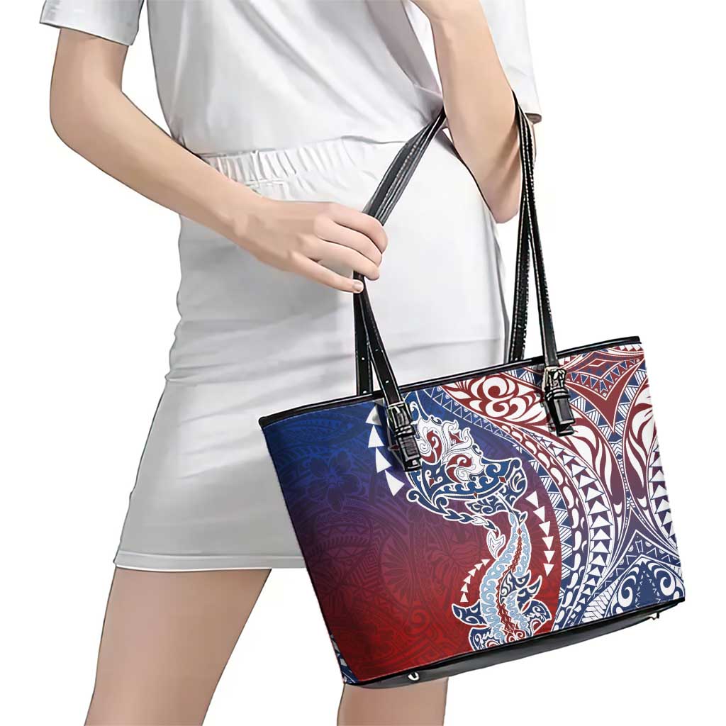 Hawaiian Manta Ray and Hammerhead Shark Tribal Tattoo Leather Tote Bag with Polynesian Tribal Pattern Hawaii Flag Color