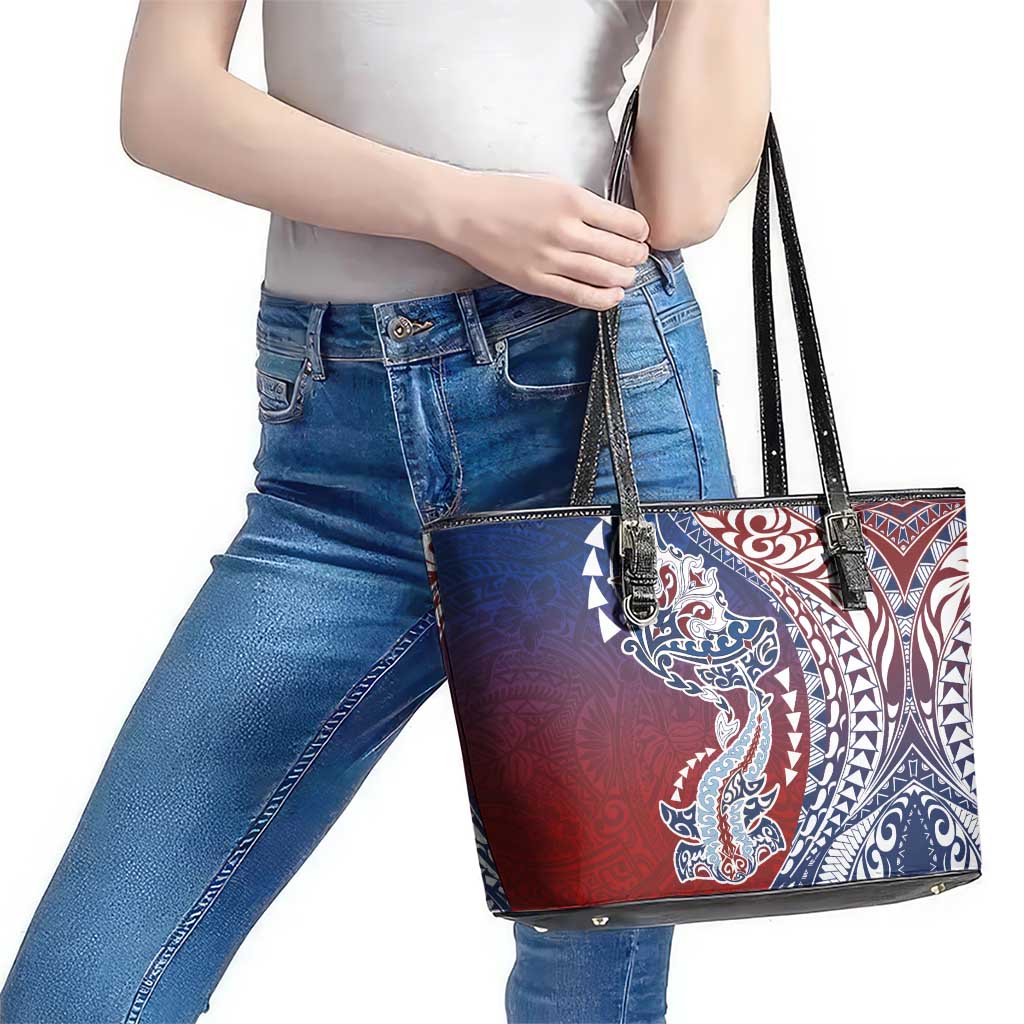Hawaiian Manta Ray and Hammerhead Shark Tribal Tattoo Leather Tote Bag with Polynesian Tribal Pattern Hawaii Flag Color