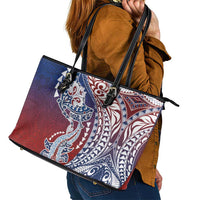 Hawaiian Manta Ray and Hammerhead Shark Tribal Tattoo Leather Tote Bag with Polynesian Tribal Pattern Hawaii Flag Color