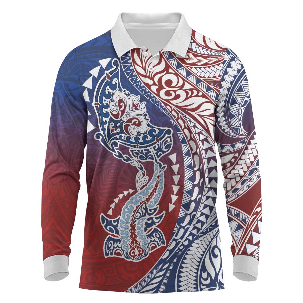 Hawaiian Manta Ray and Hammerhead Shark Tribal Tattoo Long Sleeve Polo Shirt with Polynesian Tribal Pattern Hawaii Flag Color