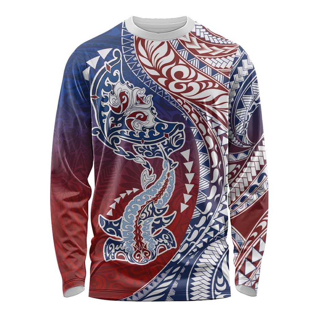 Hawaiian Manta Ray and Hammerhead Shark Tribal Tattoo Long Sleeve Shirt with Polynesian Tribal Pattern Hawaii Flag Color
