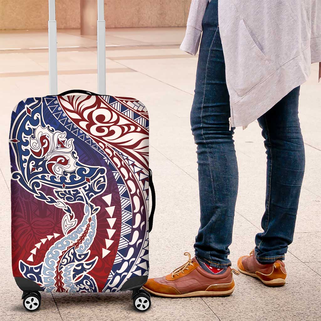 Hawaiian Manta Ray and Hammerhead Shark Tribal Tattoo Luggage Cover with Polynesian Tribal Pattern Hawaii Flag Color