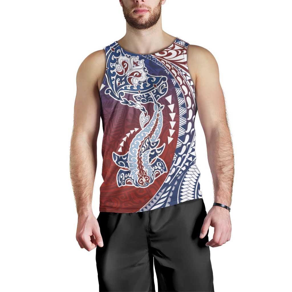 Hawaiian Manta Ray and Hammerhead Shark Tribal Tattoo Men Tank Top with Polynesian Tribal Pattern Hawaii Flag Color