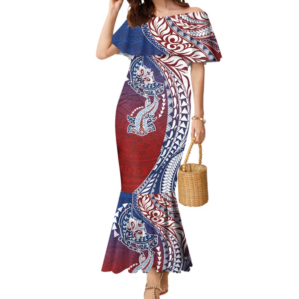 Hawaiian Manta Ray and Hammerhead Shark Tribal Tattoo Mermaid Dress with Polynesian Tribal Pattern Hawaii Flag Color