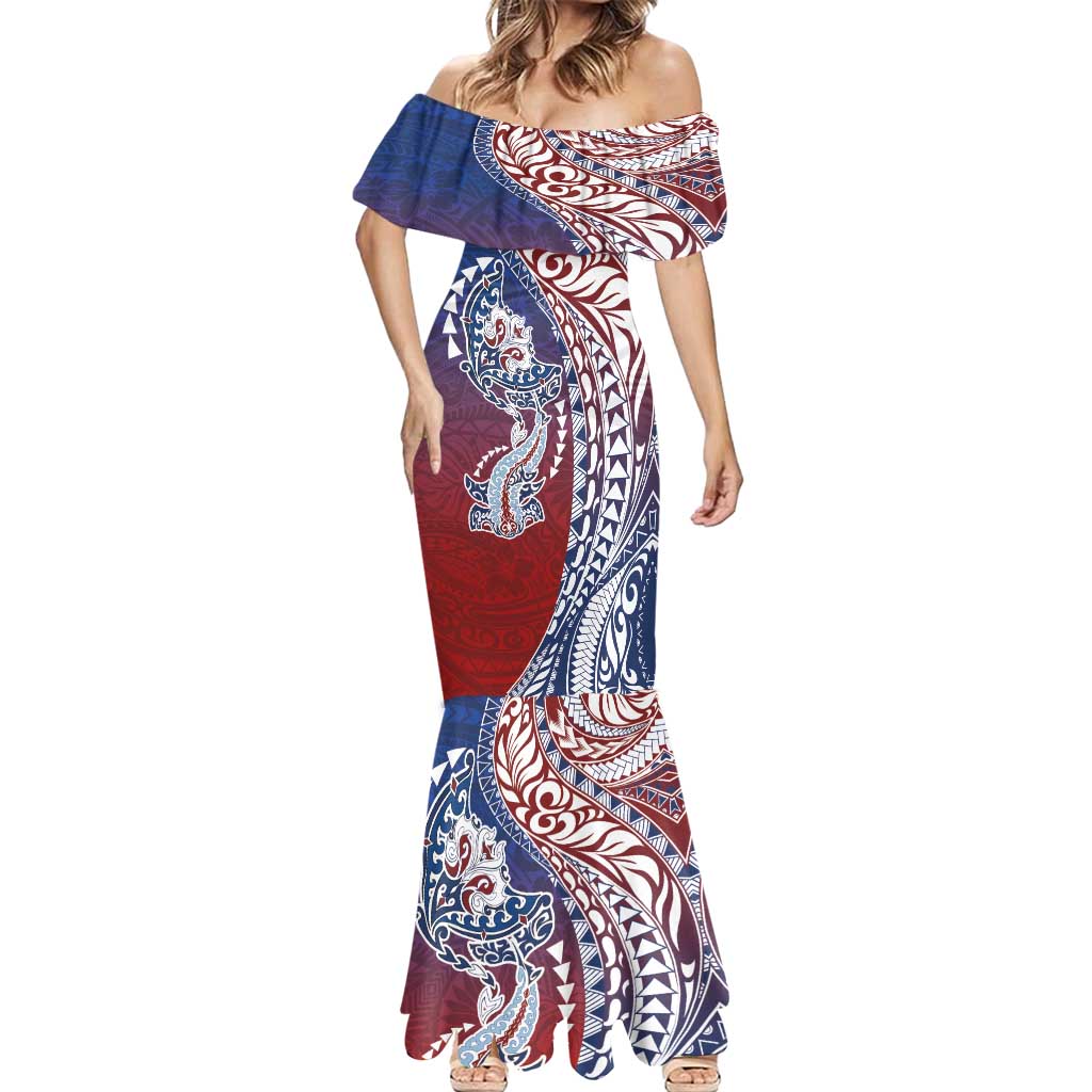 Hawaiian Manta Ray and Hammerhead Shark Tribal Tattoo Mermaid Dress with Polynesian Tribal Pattern Hawaii Flag Color LT03 - Polynesian Pride