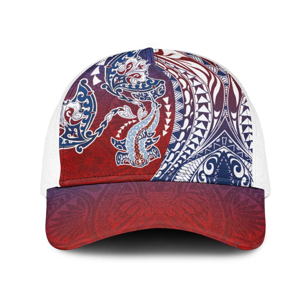 Hawaiian Manta Ray and Hammerhead Shark Tribal Tattoo Mesh Trucker Cap with Polynesian Tribal Pattern Hawaii Flag Color