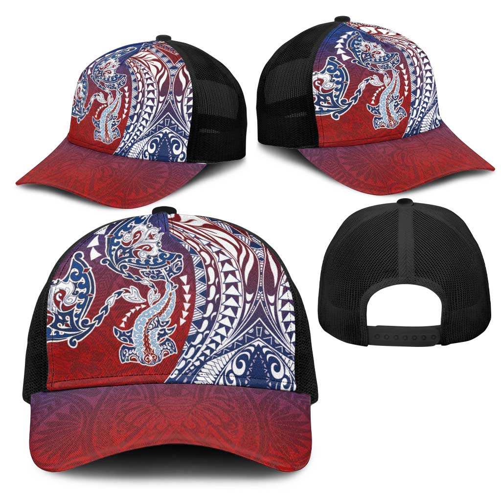 Hawaiian Manta Ray and Hammerhead Shark Tribal Tattoo Mesh Trucker Cap with Polynesian Tribal Pattern Hawaii Flag Color