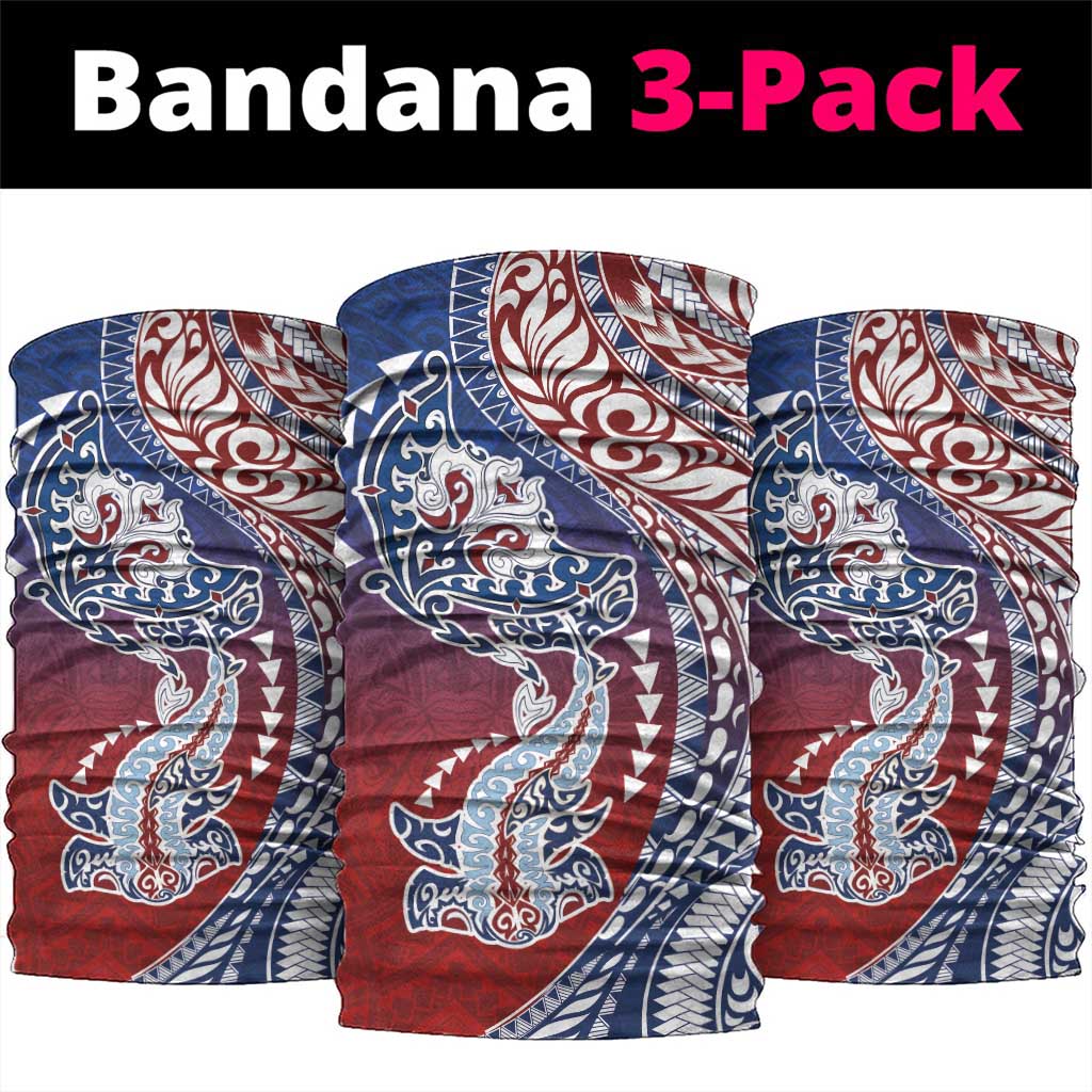 Hawaiian Manta Ray and Hammerhead Shark Tribal Tattoo Neck Gaiter with Polynesian Tribal Pattern Hawaii Flag Color