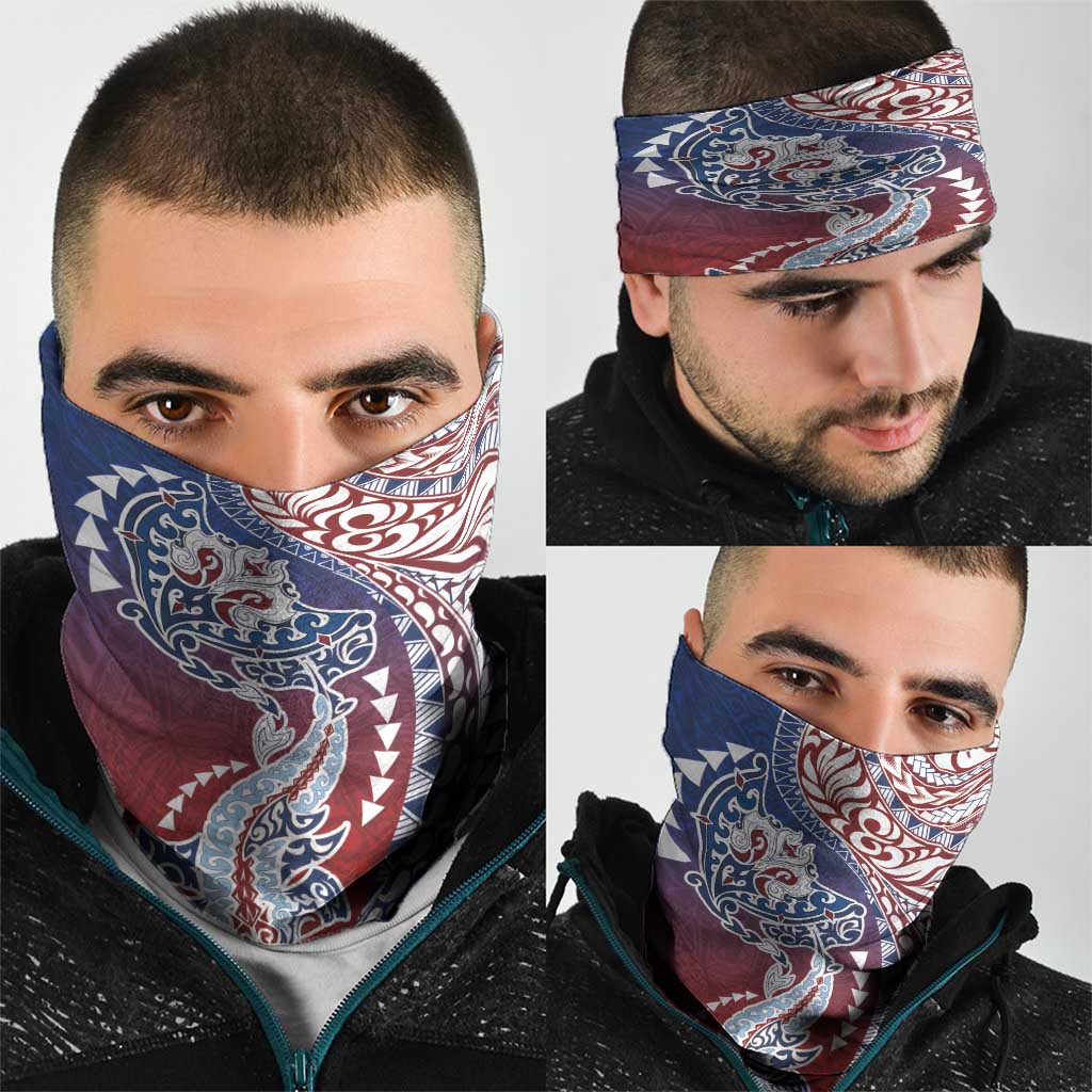 Hawaiian Manta Ray and Hammerhead Shark Tribal Tattoo Neck Gaiter with Polynesian Tribal Pattern Hawaii Flag Color