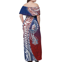 Hawaiian Manta Ray and Hammerhead Shark Tribal Tattoo Off Shoulder Maxi Dress with Polynesian Tribal Pattern Hawaii Flag Color