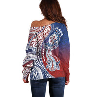 Hawaiian Manta Ray and Hammerhead Shark Tribal Tattoo Off Shoulder Sweater with Polynesian Tribal Pattern Hawaii Flag Color