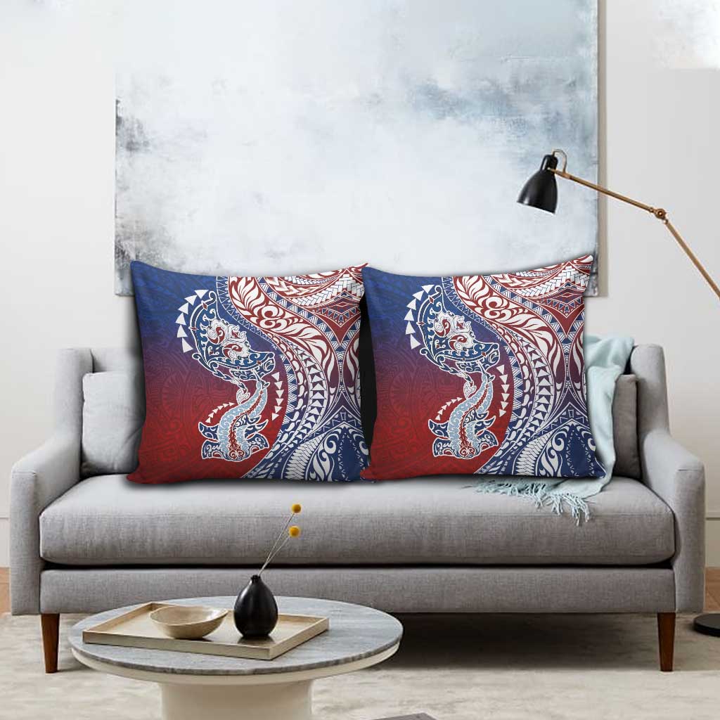 Hawaiian Manta Ray and Hammerhead Shark Tribal Tattoo Pillow Cover with Polynesian Tribal Pattern Hawaii Flag Color