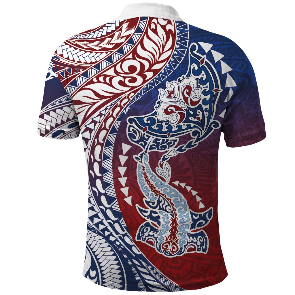 Hawaiian Manta Ray and Hammerhead Shark Tribal Tattoo Polo Shirt with Polynesian Tribal Pattern Hawaii Flag Color