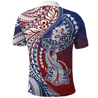 Hawaiian Manta Ray and Hammerhead Shark Tribal Tattoo Polo Shirt with Polynesian Tribal Pattern Hawaii Flag Color