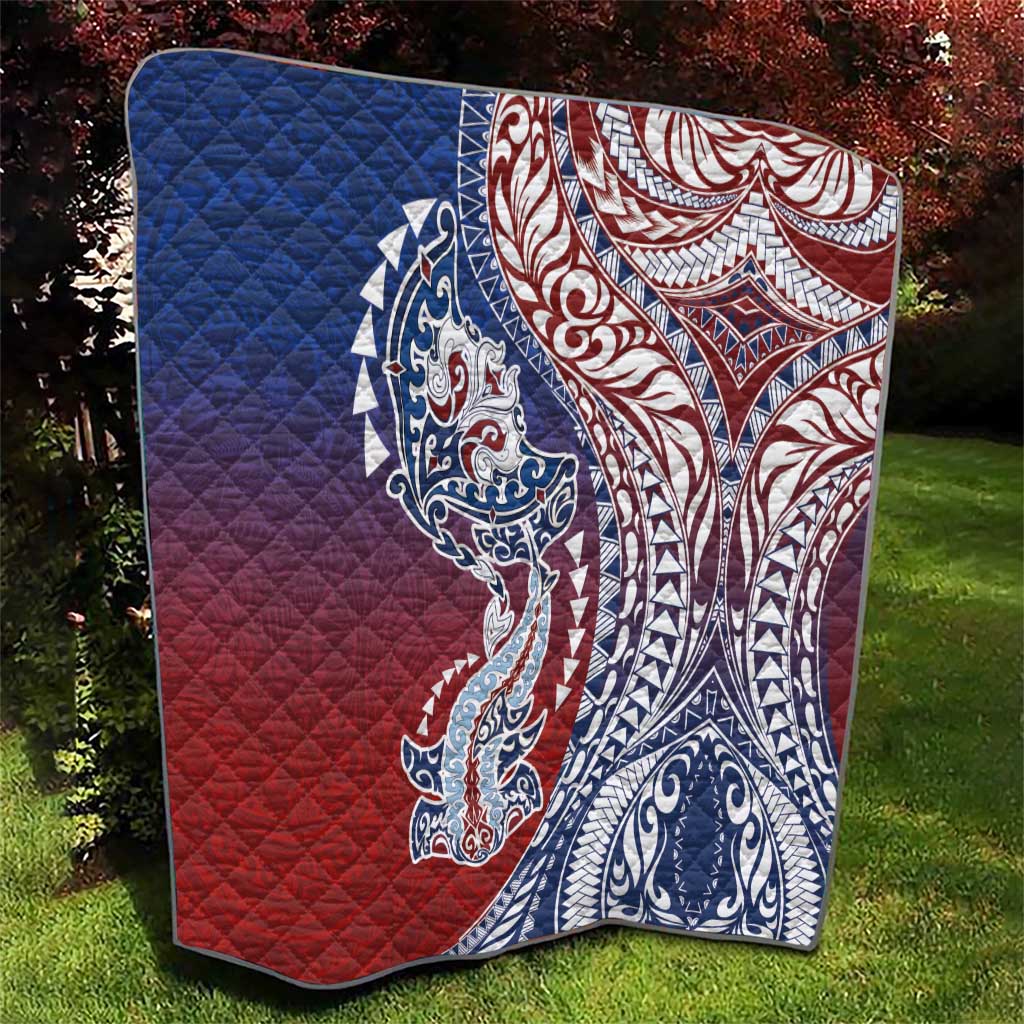 Hawaiian Manta Ray and Hammerhead Shark Tribal Tattoo Quilt with Polynesian Tribal Pattern Hawaii Flag Color