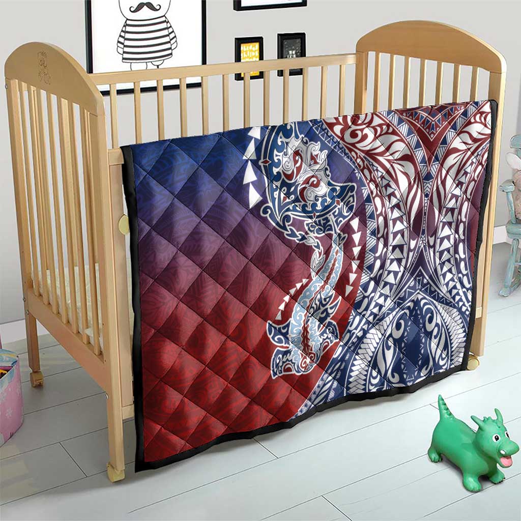 Hawaiian Manta Ray and Hammerhead Shark Tribal Tattoo Quilt with Polynesian Tribal Pattern Hawaii Flag Color