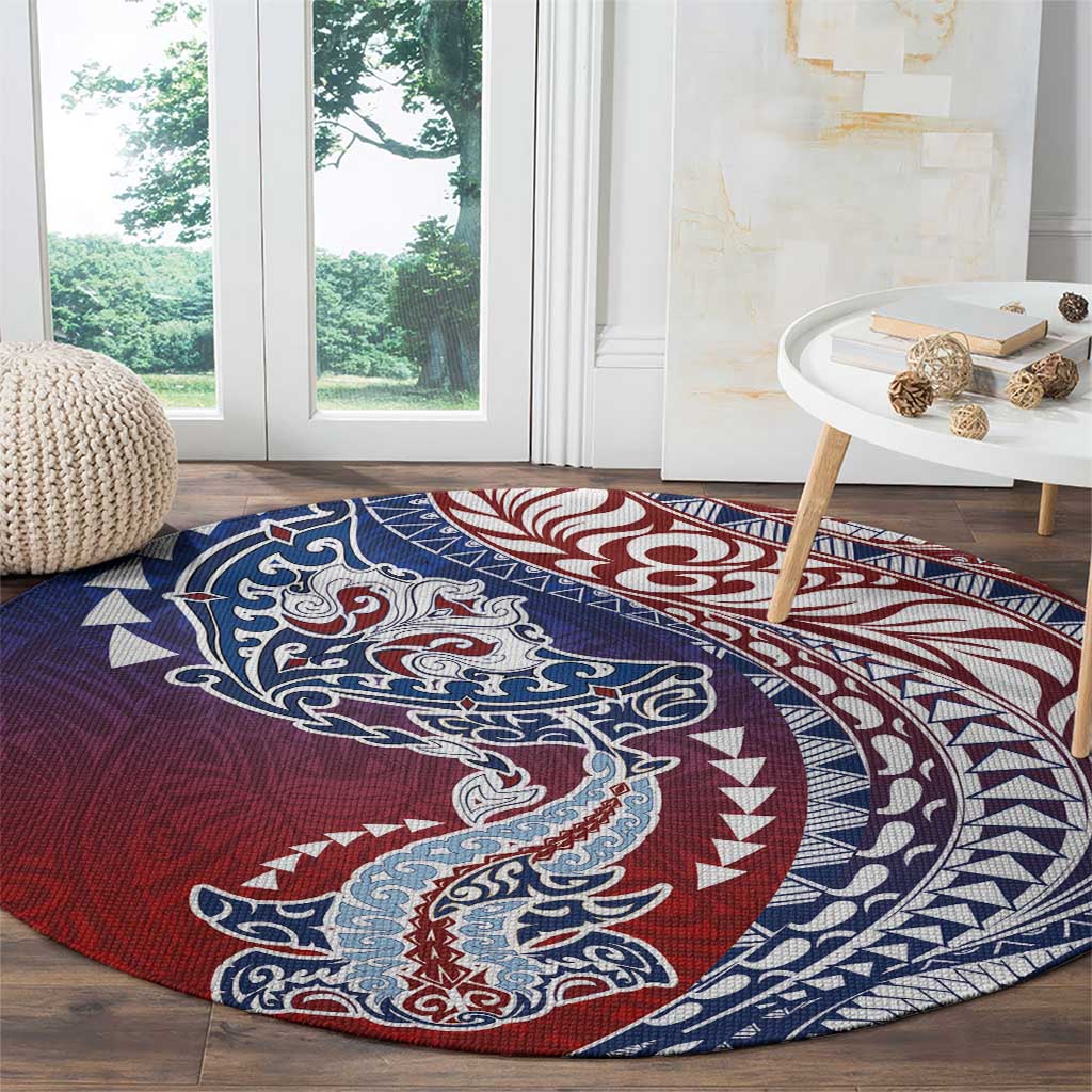 Hawaiian Manta Ray and Hammerhead Shark Tribal Tattoo Round Carpet with Polynesian Tribal Pattern Hawaii Flag Color