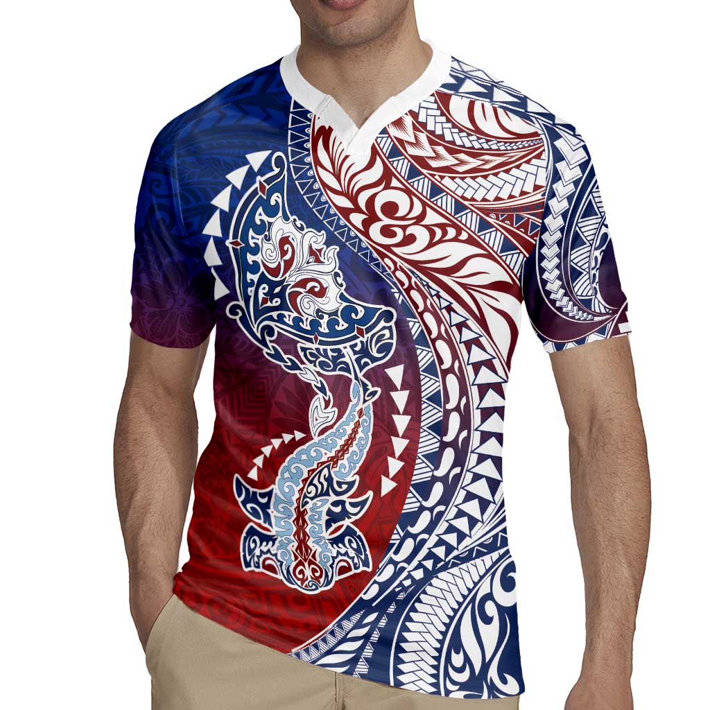 Hawaiian Manta Ray and Hammerhead Shark Tribal Tattoo Rugby Jersey with Polynesian Tribal Pattern Hawaii Flag Color