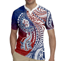 Hawaiian Manta Ray and Hammerhead Shark Tribal Tattoo Rugby Jersey with Polynesian Tribal Pattern Hawaii Flag Color