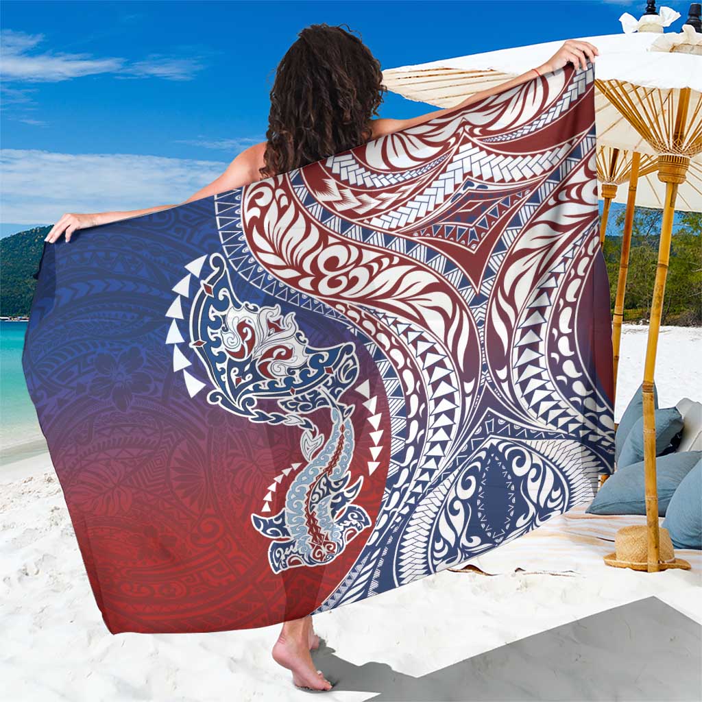Hawaiian Manta Ray and Hammerhead Shark Tribal Tattoo Sarong with Polynesian Tribal Pattern Hawaii Flag Color