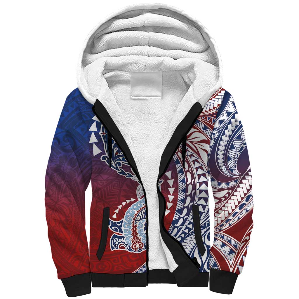 Hawaiian Manta Ray and Hammerhead Shark Tribal Tattoo Sherpa Hoodie with Polynesian Tribal Pattern Hawaii Flag Color