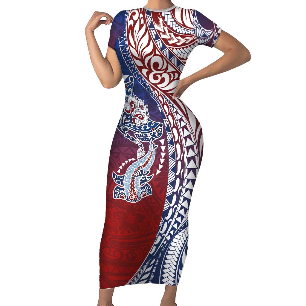 Hawaiian Manta Ray and Hammerhead Shark Tribal Tattoo Short Sleeve Bodycon Dress with Polynesian Tribal Pattern Hawaii Flag Color LT03 Long Dress Multicolor - Polynesian Pride