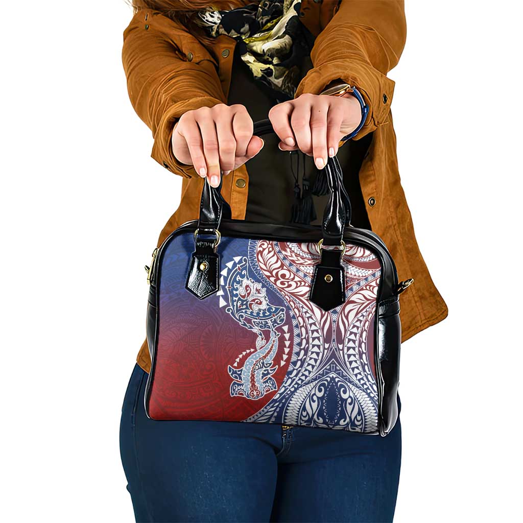 Hawaiian Manta Ray and Hammerhead Shark Tribal Tattoo Shoulder Handbag with Polynesian Tribal Pattern Hawaii Flag Color
