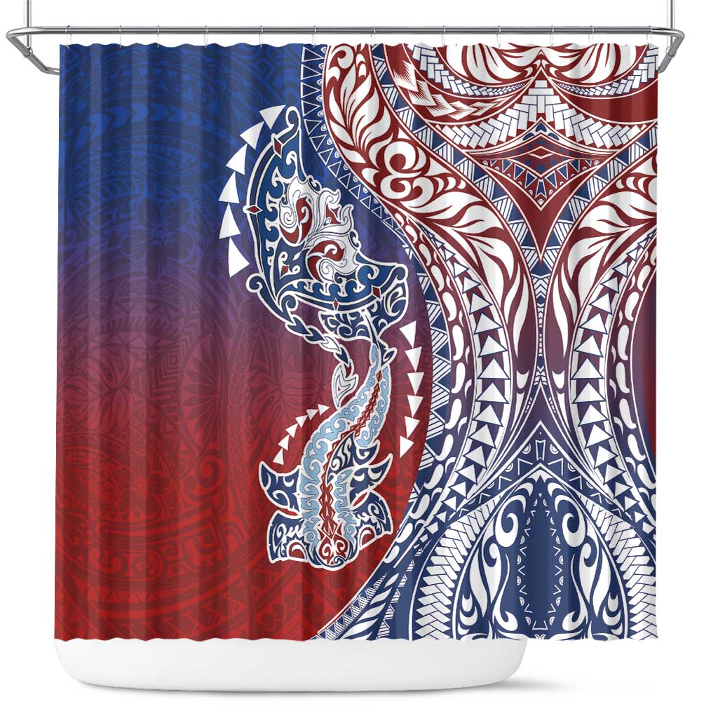 Hawaiian Manta Ray and Hammerhead Shark Tribal Tattoo Shower Curtain with Polynesian Tribal Pattern Hawaii Flag Color