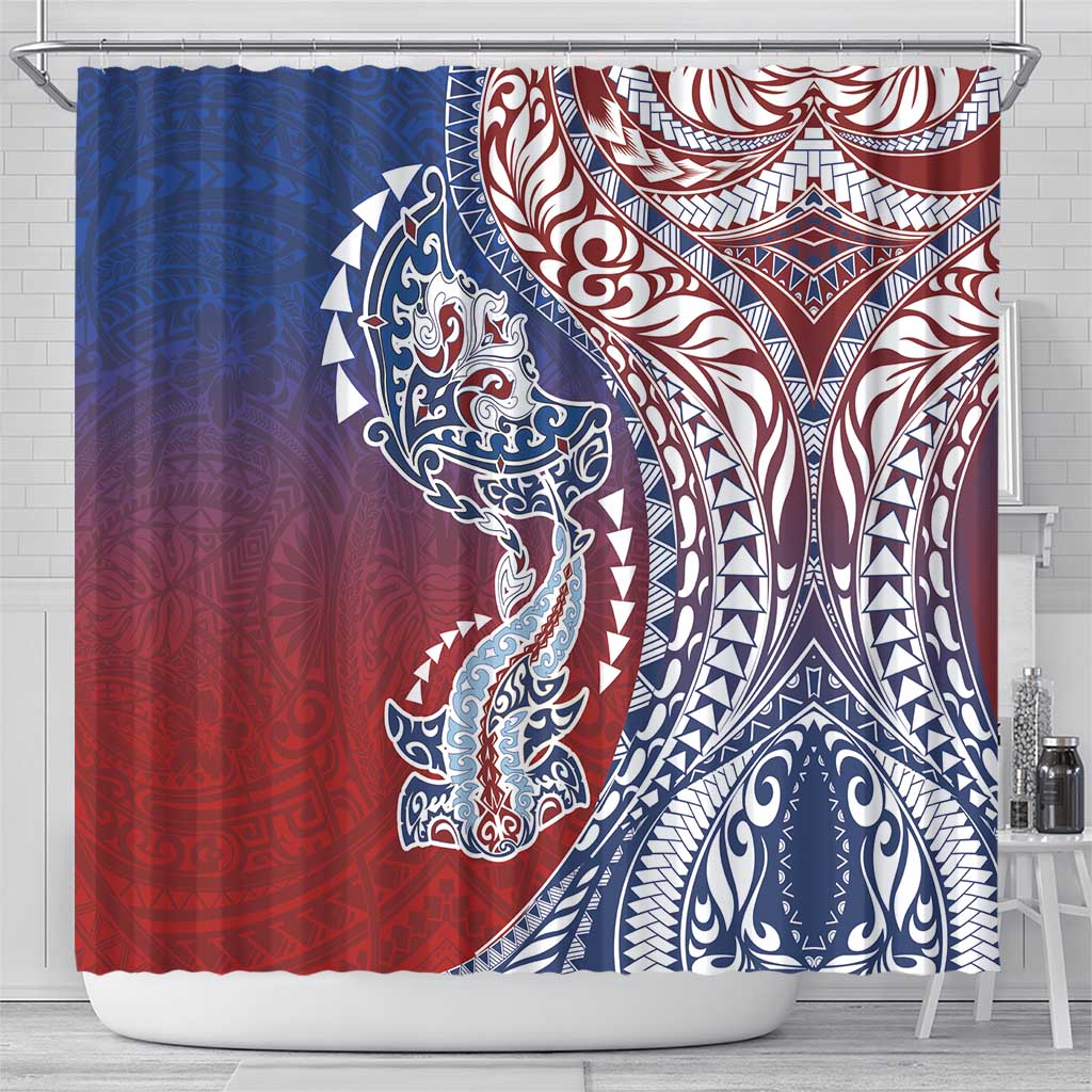 Hawaiian Manta Ray and Hammerhead Shark Tribal Tattoo Shower Curtain with Polynesian Tribal Pattern Hawaii Flag Color