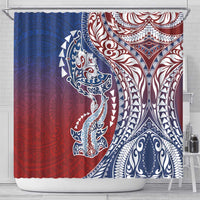 Hawaiian Manta Ray and Hammerhead Shark Tribal Tattoo Shower Curtain with Polynesian Tribal Pattern Hawaii Flag Color
