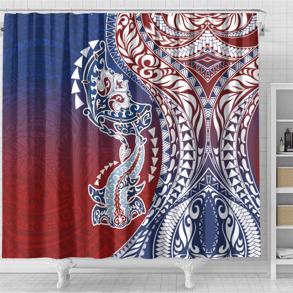 Hawaiian Manta Ray and Hammerhead Shark Tribal Tattoo Shower Curtain with Polynesian Tribal Pattern Hawaii Flag Color