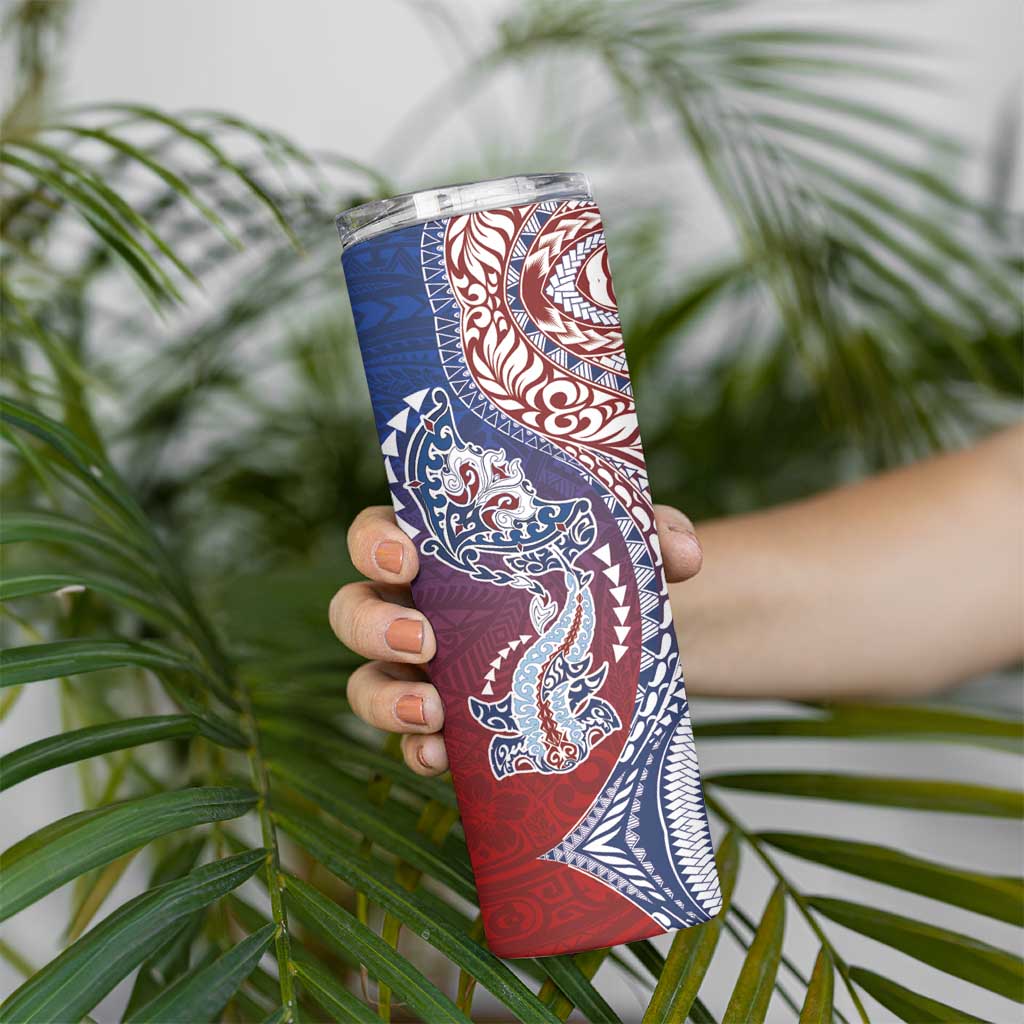 Hawaiian Manta Ray and Hammerhead Shark Tribal Tattoo Skinny Tumbler with Polynesian Tribal Pattern Hawaii Flag Color LT03 - Polynesian Pride