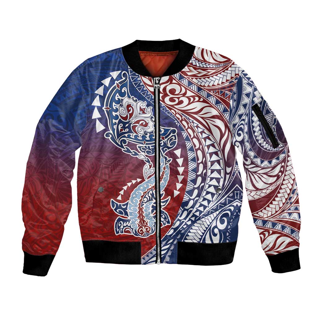 Hawaiian Manta Ray and Hammerhead Shark Tribal Tattoo Sleeve Zip Bomber Jacket with Polynesian Tribal Pattern Hawaii Flag Color
