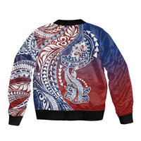Hawaiian Manta Ray and Hammerhead Shark Tribal Tattoo Sleeve Zip Bomber Jacket with Polynesian Tribal Pattern Hawaii Flag Color