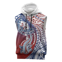 Hawaiian Manta Ray and Hammerhead Shark Tribal Tattoo Sleeveless Hoodie with Polynesian Tribal Pattern Hawaii Flag Color LT03 Multicolor - Polynesian Pride