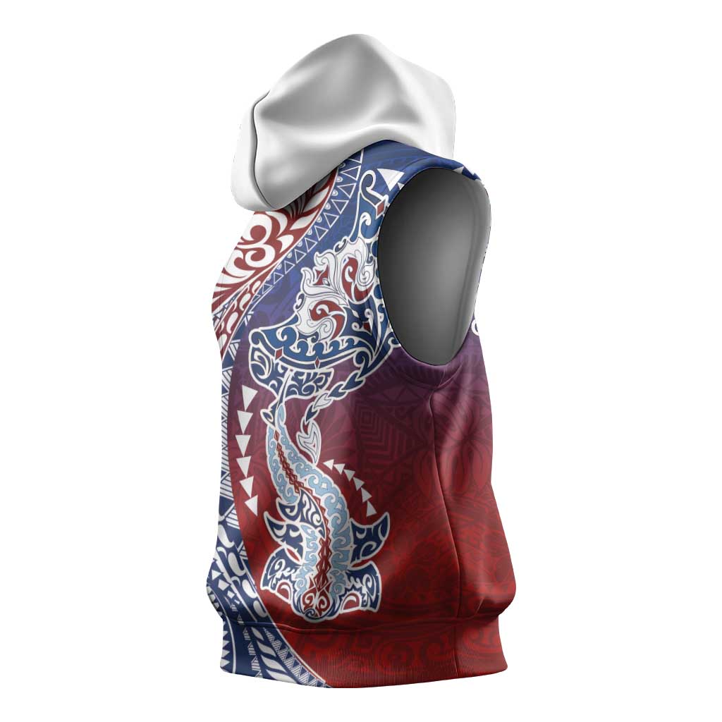 Hawaiian Manta Ray and Hammerhead Shark Tribal Tattoo Sleeveless Hoodie with Polynesian Tribal Pattern Hawaii Flag Color LT03 - Polynesian Pride