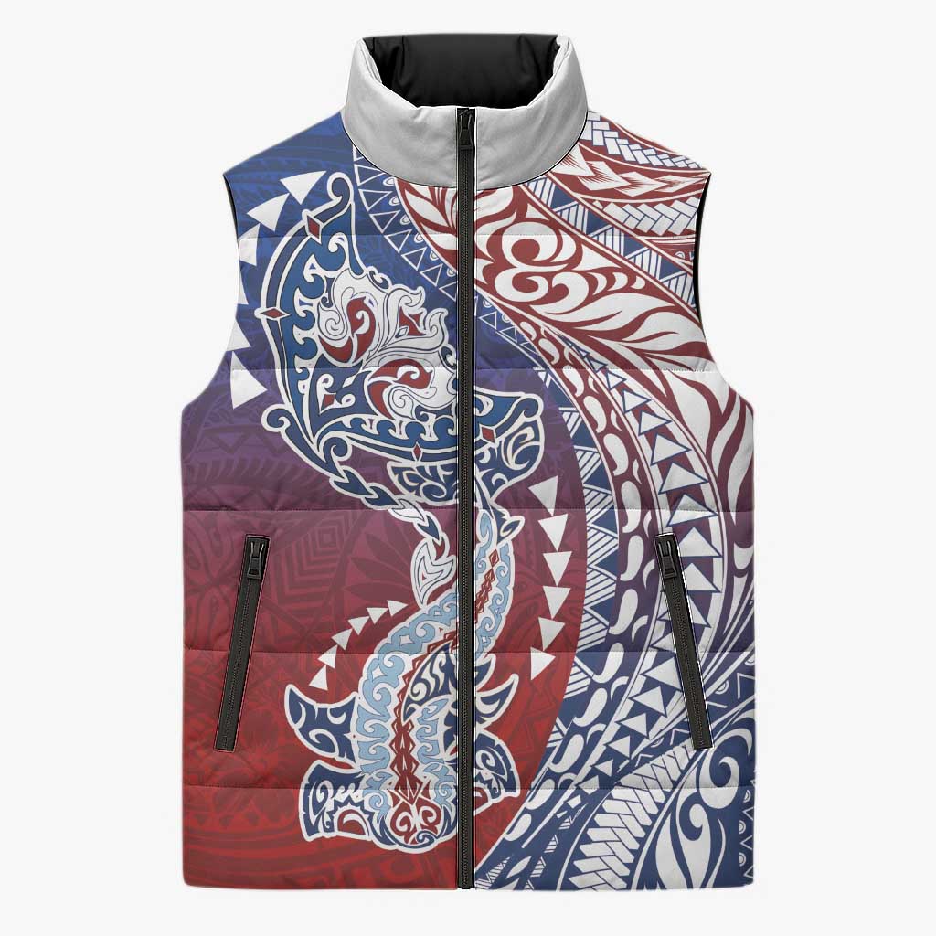 Hawaiian Manta Ray and Hammerhead Shark Tribal Tattoo Sleeveless Puffer Jacket with Polynesian Tribal Pattern Hawaii Flag Color