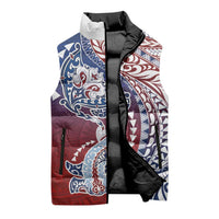 Hawaiian Manta Ray and Hammerhead Shark Tribal Tattoo Sleeveless Puffer Jacket with Polynesian Tribal Pattern Hawaii Flag Color