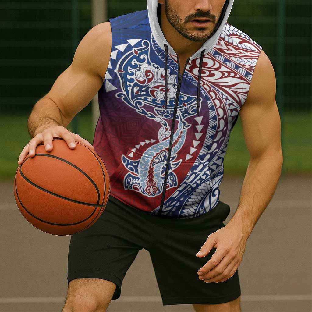 Hawaiian Manta Ray and Hammerhead Shark Tribal Tattoo Sleeveless Zip Hoodie with Polynesian Tribal Pattern Hawaii Flag Color LT03 - Polynesian Pride