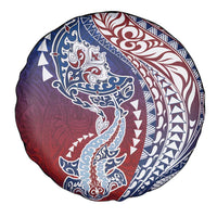 Hawaiian Manta Ray and Hammerhead Shark Tribal Tattoo Spare Tire Cover with Polynesian Tribal Pattern Hawaii Flag Color LT03 - Polynesian Pride