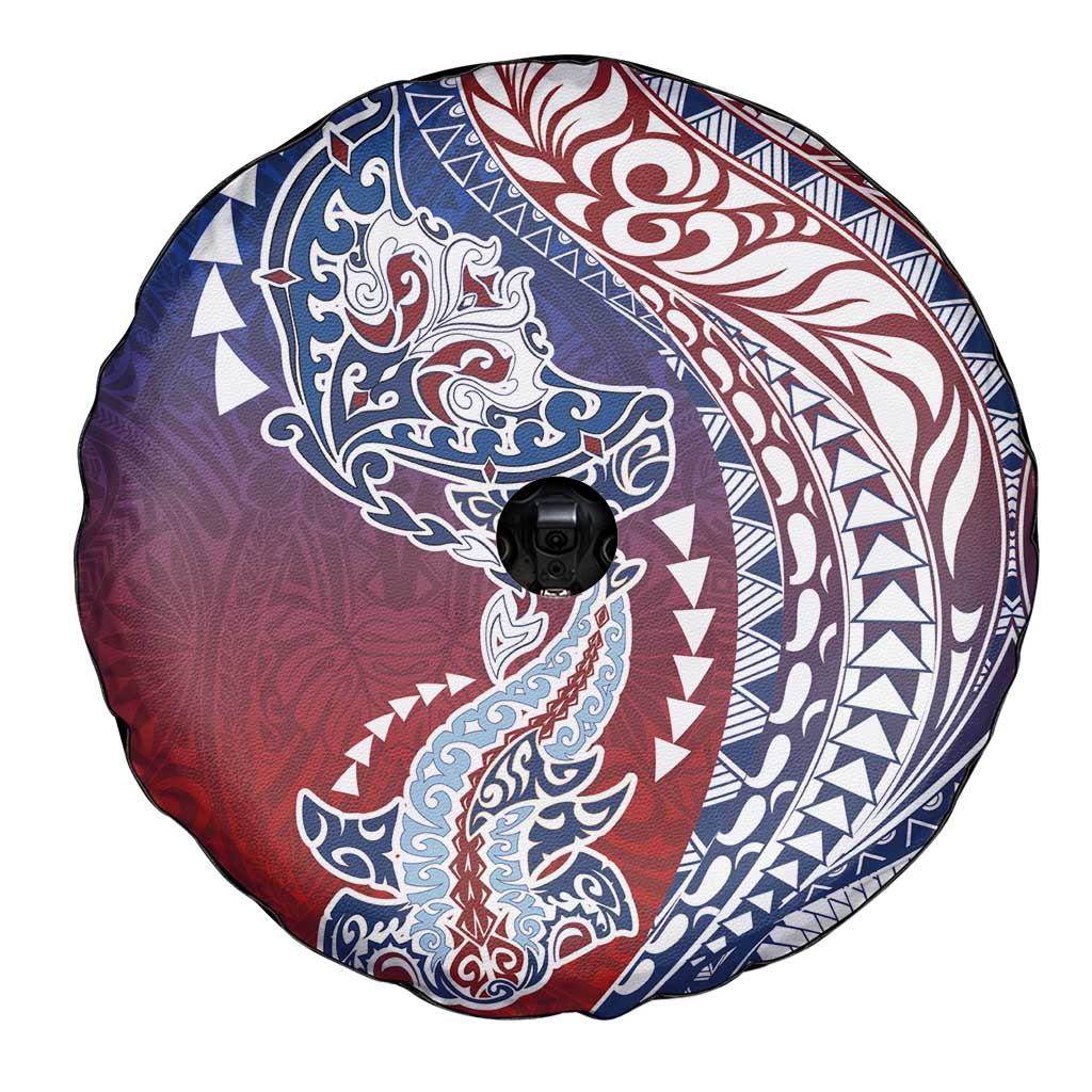 Hawaiian Manta Ray and Hammerhead Shark Tribal Tattoo Spare Tire Cover with Polynesian Tribal Pattern Hawaii Flag Color LT03 - Polynesian Pride
