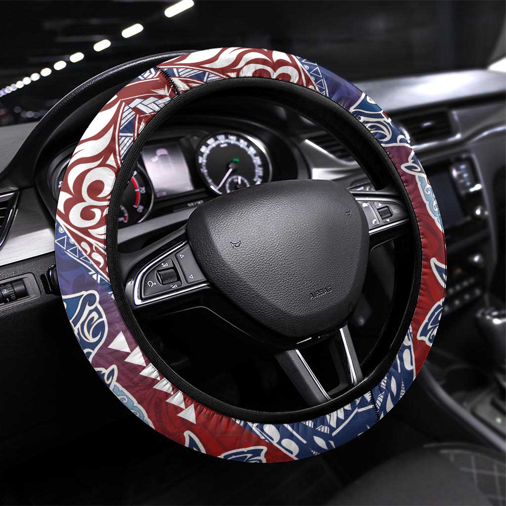 Hawaiian Manta Ray and Hammerhead Shark Tribal Tattoo Steering Wheel Cover with Polynesian Tribal Pattern Hawaii Flag Color