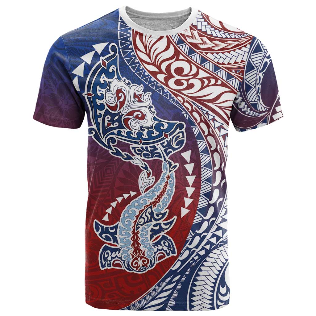 Hawaiian Manta Ray and Hammerhead Shark Tribal Tattoo T Shirt with Polynesian Tribal Pattern Hawaii Flag Color