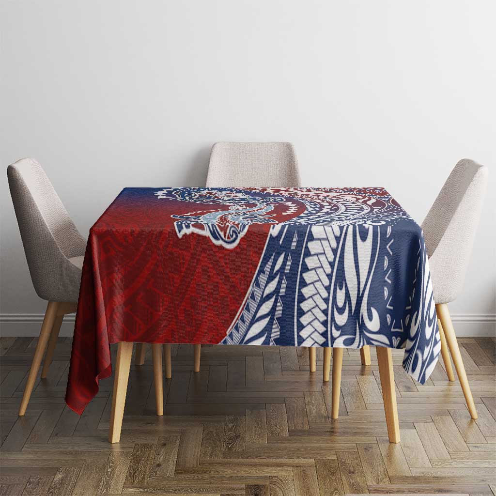 Hawaiian Manta Ray and Hammerhead Shark Tribal Tattoo Tablecloth with Polynesian Tribal Pattern Hawaii Flag Color